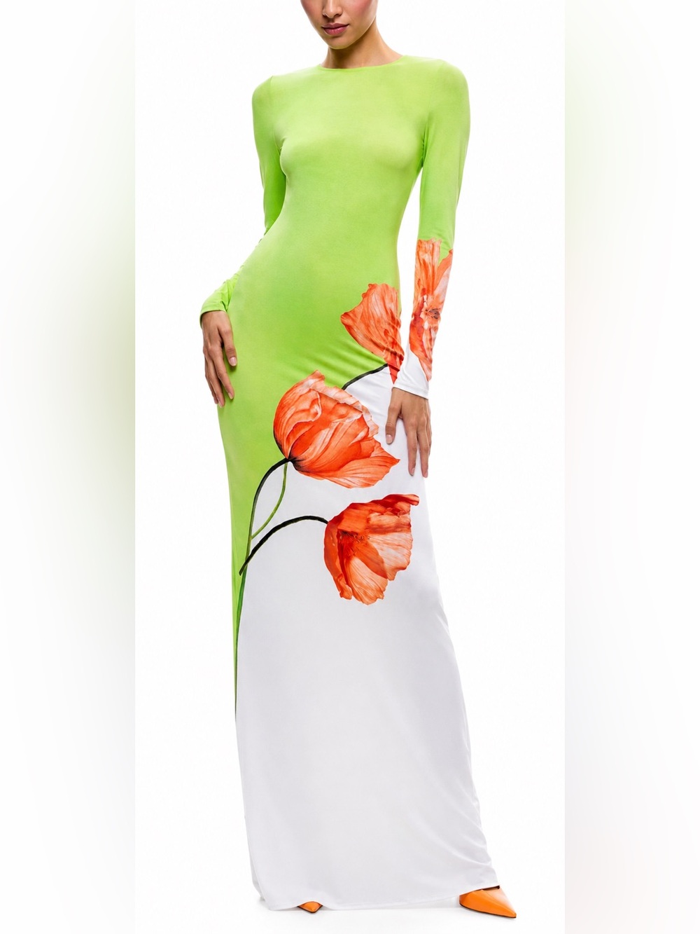 NWT Alice + Olivia Delora Lime & Poppy Watercolor Maxi Gown 10